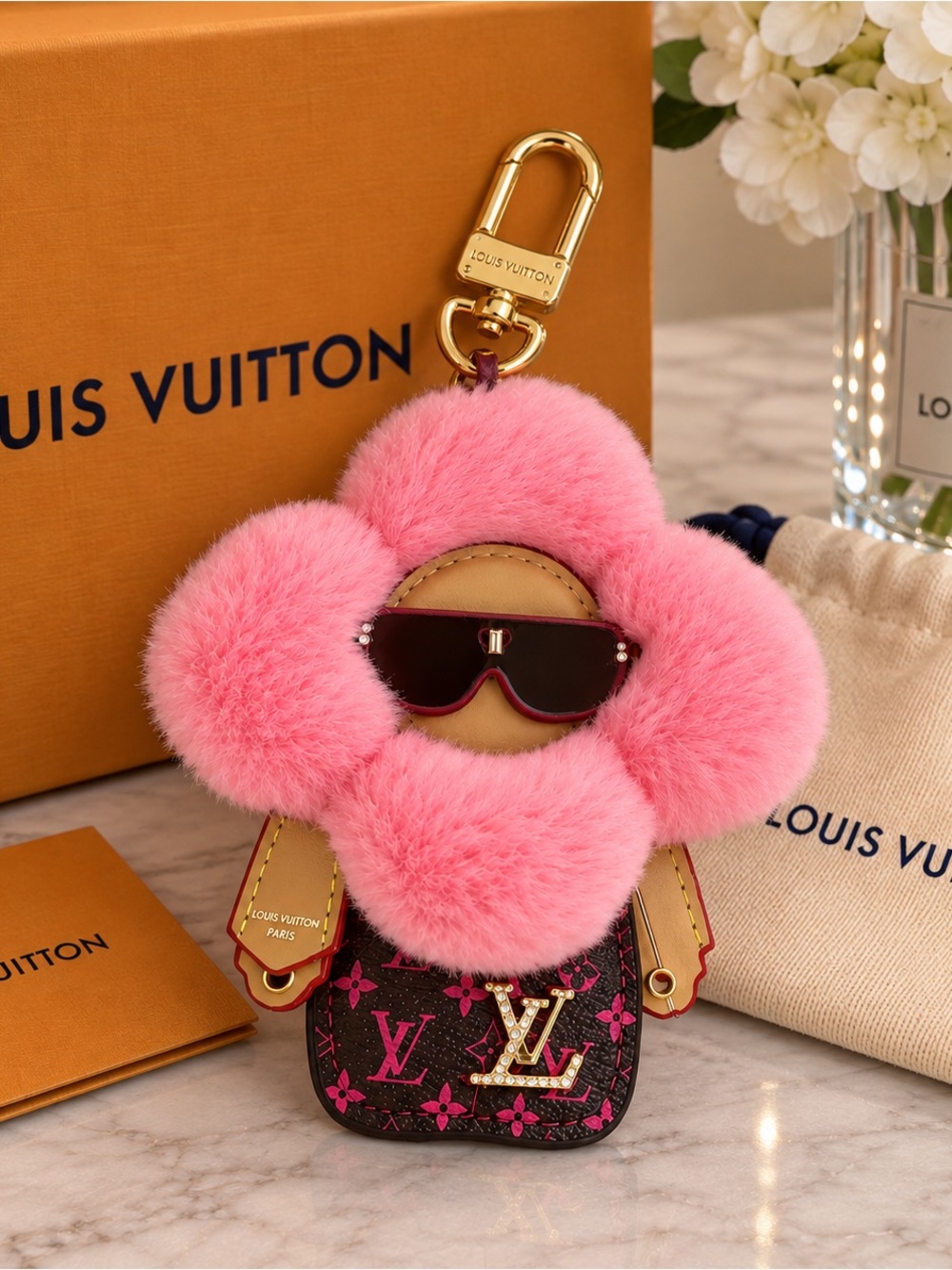 Pink Plush Flower Keychain Bag Charm Luxury Fashion